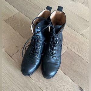 The Pattie Lace Up Boot 

2" heel.
Leather upper.
Man-made sole.
